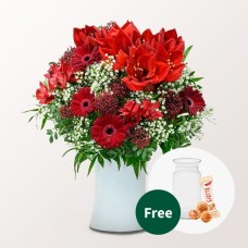 Blumenstrauß Red Velvet mit Vase &amp; 3 Ferrero Giotto