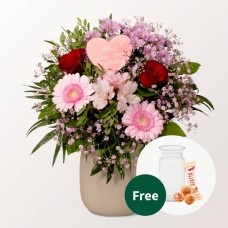 Blumenstrauß Mutterherz mit Vase &amp; 3 Ferrero Giotto