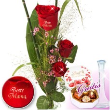 Rosentrio „Beste Mama“ mit Vase & Lindt Pralinen