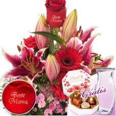 Blumenstrauß Liebste Mutter mit Vase & Lindt Pralinés