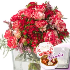Blumenstrauß Feuerwerk mit Vase & Lindt Pralinés