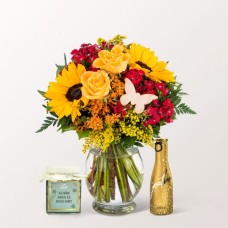 Blumenstrauß Sommergefüll mit „Just Be“ Goldwein, Erdbeermarmelade und Vase