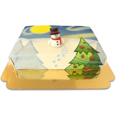 Verschneite Landschaftstorte mit Schneemann-Figur
