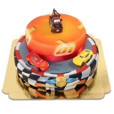 Cars 2 - Lightning McQueen, Cruz Ramirez und Hook auf zweistöckiger Rennstreckentorte mit Schleife