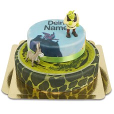 Shrek und Esel auf zweistöckiger Märchentorte
