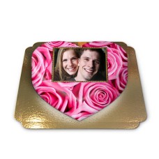 Heart shaped photo cake with pink roses (Medium ((25×24 cm)10 servings))