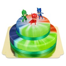 PJ Masks auf einem zweistöckigen Heldenkuchen