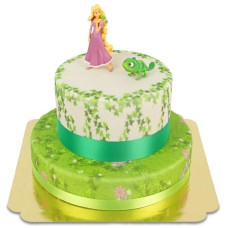 Rapunzel und Pascal auf einer 2-stöckigen Turmtorte mit Bändern