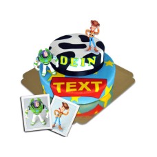 Cowboy Woody &amp; Buzz Lightyear auf einem gestuften Kuchen mit Schleife