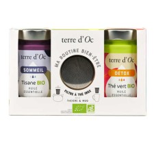 Bio-Wohlfühltee und Kräutertee-Duo-Box und Edelstahl-Teesieb für Tasse (Geschenkset mit 2 Boxen)