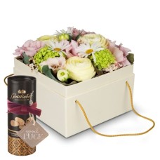 Blumenbox «Madeira» (15 cm) mit Gottlieber Cacaomandeln und hängendem Geschenkanhänger «Viel Glück»
