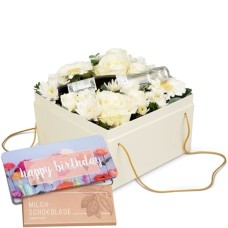 Flowerbox «Mykonos» (20 cm) mit Prosecco Albino Armani DOC (20 cl) und Munz Tafel Schokolade «Happy Birthday»