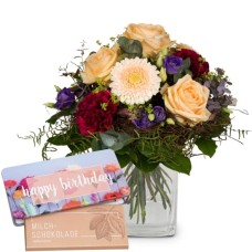 Bunter Blumentraum mit Munz Tafelschokolade «Happy Birthday» (Minimum)