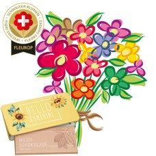 Seasonal bouquet with Swiss flowers and Munz bar of chocolate Hello Sunshine (Minimum)