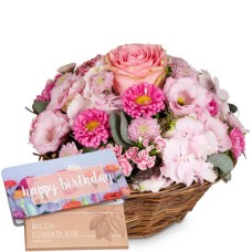 A Flower Greeting in Delicate Colors with Munz bar of chocolate Happy Birthday (Minimum)
