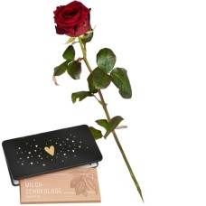 1 rote Rose (langer Stiel) und Tafel Schokolade Herz