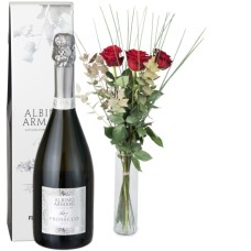 3 rote Rosen mit Grünzeug und Prosecco Albino Armani DOC (75 cl)