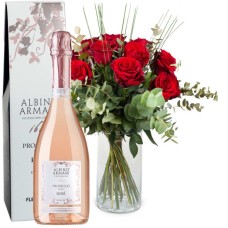 12 rote Rosen mit Grün und Prosecco Rose Albino Armani DOC (75 cl)