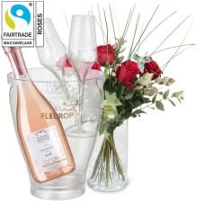 5 rote Fairtrade Max Havelaar-Rosen mit Grün und Prosecco Rose Albino Armani DOC (75 cl) inkl. Eiskühler