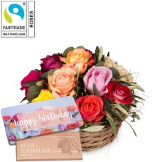 A Basket Full of Fairtrade Max Havelaar-Roses with Munz bar of chocolate Happy Birthday (Minimum)