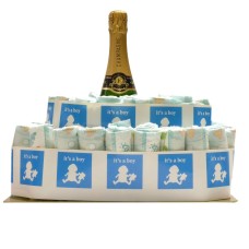Verwöhnen Sie Kuchen, es ist ein Junge mit Champagner