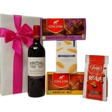 Französischer Wein Grand Cru, belgische Schokolade und Leckereien als Geschenk
