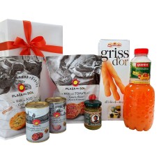 Geschenkpaket mit italienischen und spanischen Snacks und Fruchtsaft