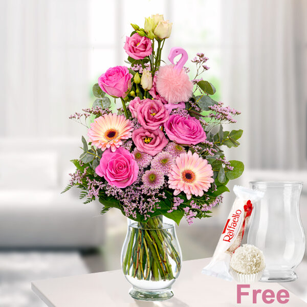 Blumenstrauß Rosa Himmel mit Vase und Ferrero Raffaello