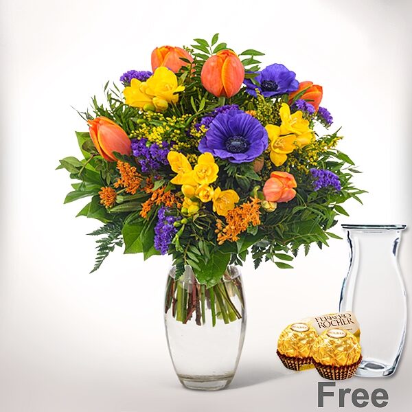 Blumenstrauß Fruhlingsbote mit Vase und Ferrero Raffaello