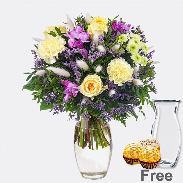 Blumenstrauß Sonnenbad mit Vase &amp; 2 Ferrero Rocher &amp; Glãœck Marmelade Himbeere