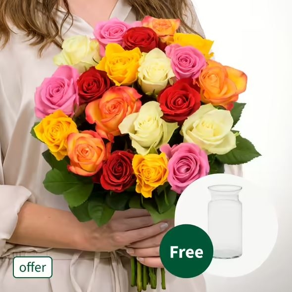Strauß mit 20 Rosen in verschiedenen Farben und Vase