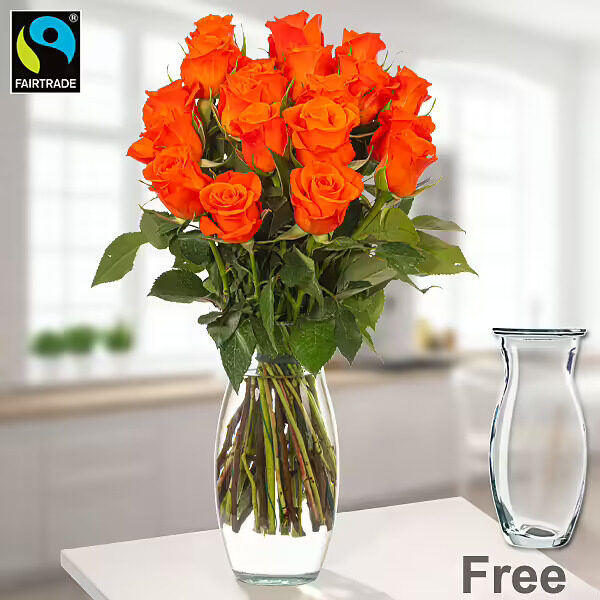 Orange Fairtrade Rosen in einem Bündel mit Vase