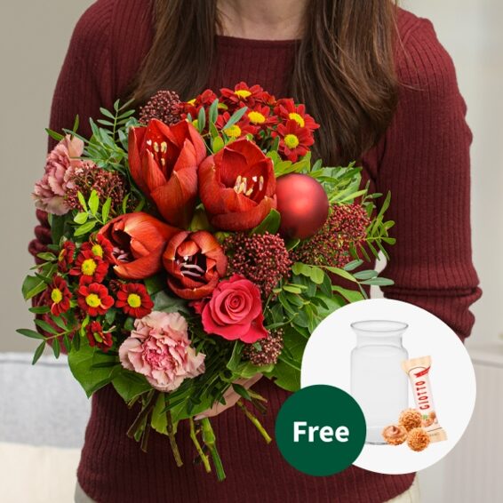 Blumenstrauß Stechpalme mit Vase & 3 Ferrero Giotto