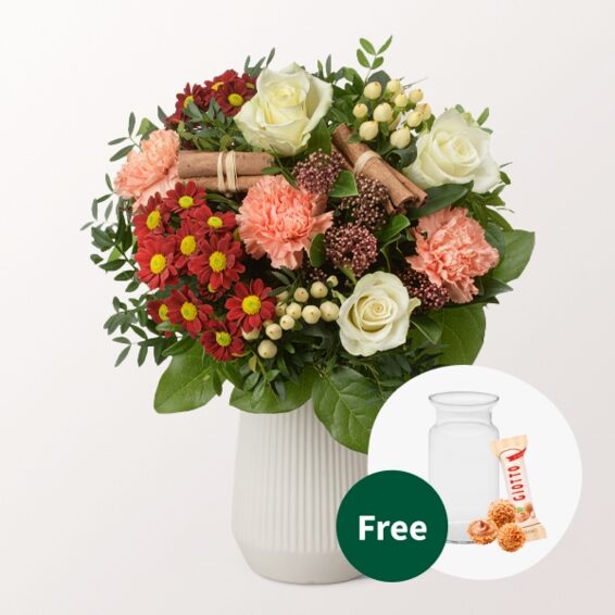 Blumenstrauß Winterbote mit Vase & 3 Ferrero Giotto