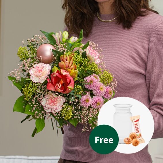Blumenstrauß Winterglanz mit Vase & 3 Ferrero Giotto