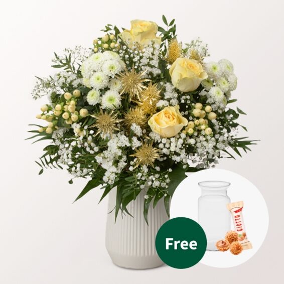 Blumenstrauß Goldschimmer mit Vase & 3 Ferrero Giotto