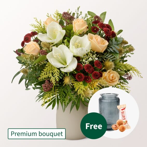 Premium Bouquet Vorfreude mit Premium Vase & 3 Ferrero Giotto