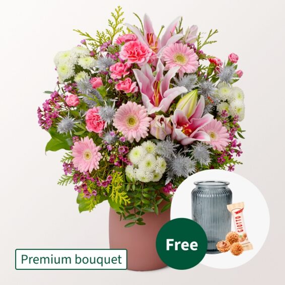 Premium-Strauß Rosa Glanz mit Premium-Vase & 3 Ferrero Giotto