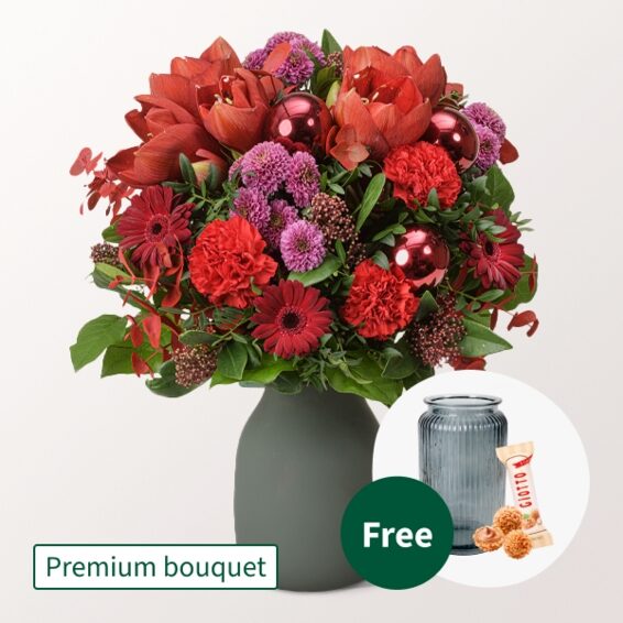 Premium-Blumenstrauß Winterblümchen mit Premium-Vase und 3 Ferrero Giotto
