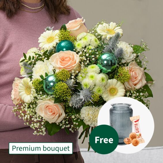 Premium-Strauß Wintertraum mit Premium-Vase & 3 Ferrero Giotto
