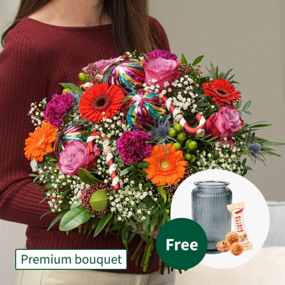 Premium-Blumenstrauß Feliz Navidad mit Premium-Vase und 3 Ferrero Giotto