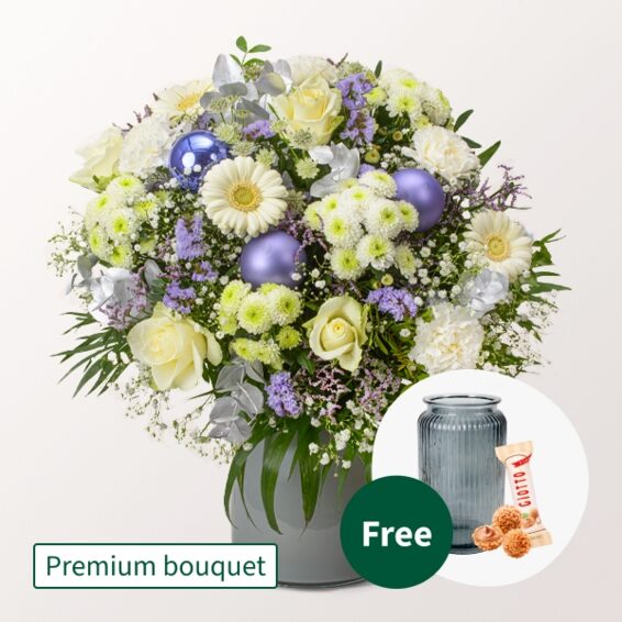 Premium-Bouquet Schneezauber mit Premium-Vase & 3 Ferrero Giotto