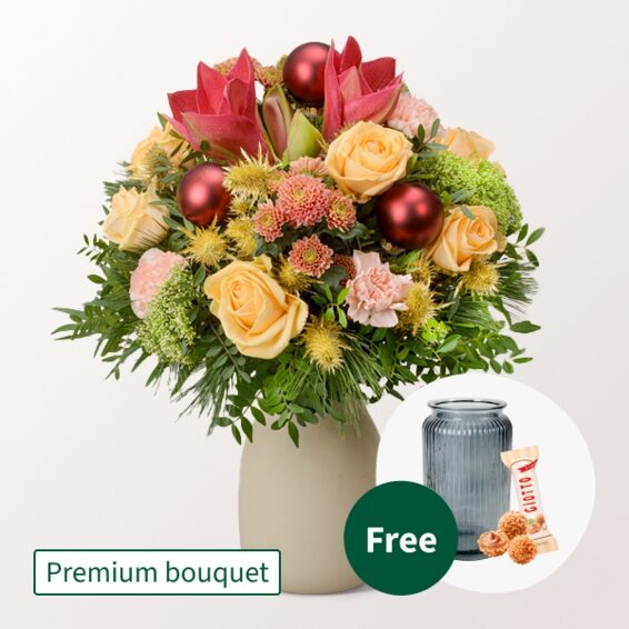 Premium-Strauß Wintersonne mit Premium-Vase & 3 Ferrero Giotto
