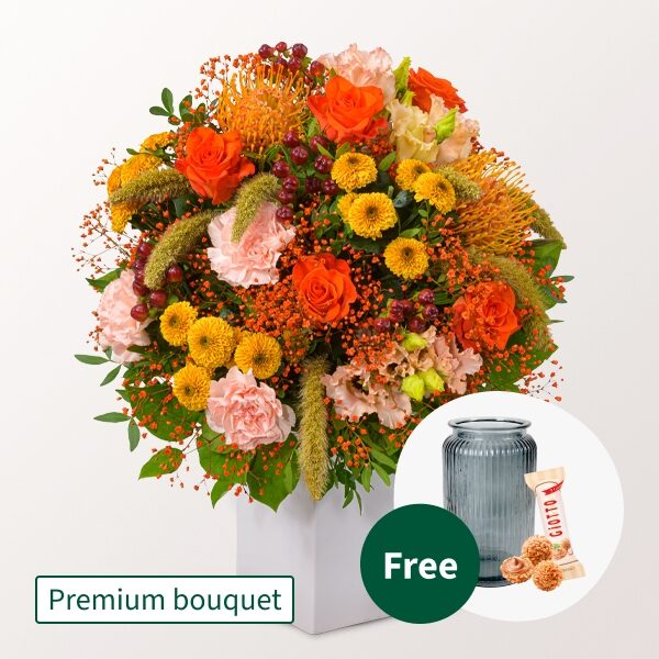 Premium Blumenstrauß Herbststrahlen mit Premium Vase &amp; 3 Ferrero Giotto