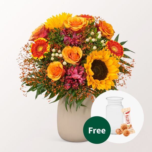 Blumenstrauß Landliebe mit Vase &amp; 3 Ferrero Giotto