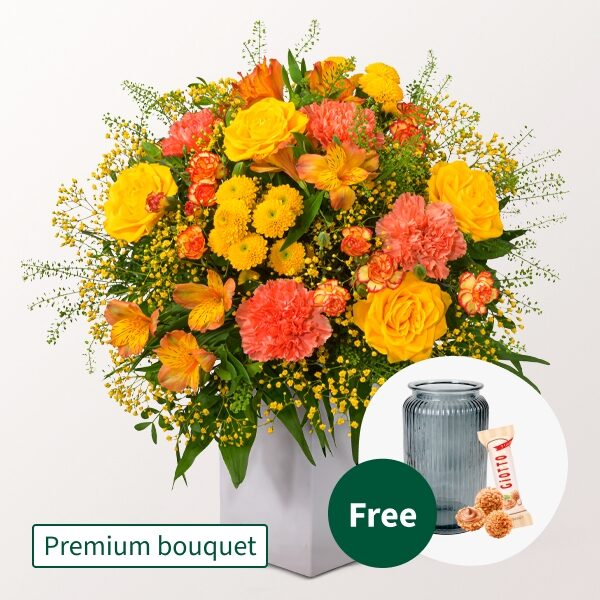 Premium Blumenstrauß Herbstsonne mit Premium Vase &amp; 3 Ferrero Giotto
