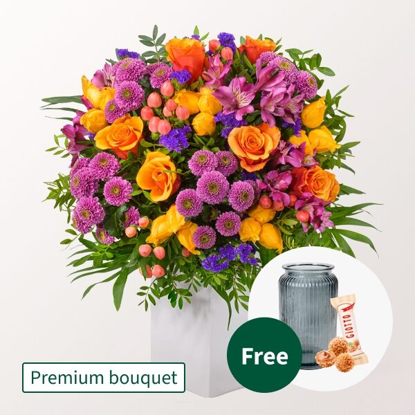 Premium Blumenstrauß Herbsttanz mit Premium Vase &amp; 3 Ferrero Giotto