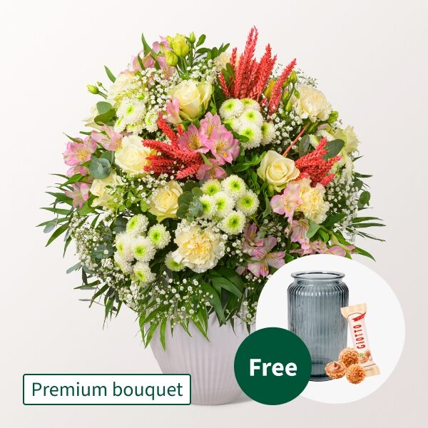 Premium Blumenstrauß Herbsterwachen mit Premium Vase &amp; 3 Ferrero Giotto