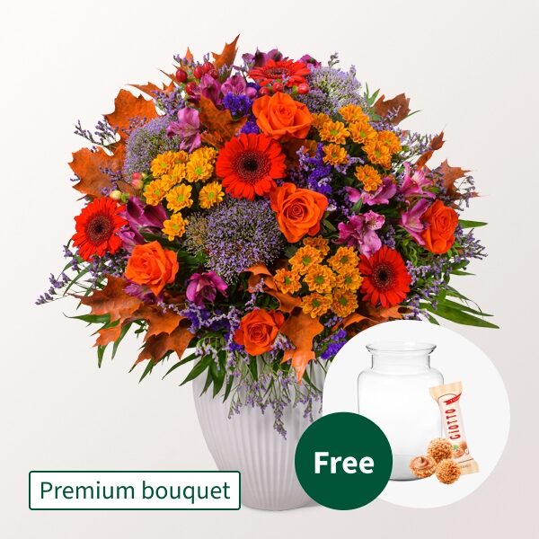 Premium Bouquet Lust auf Herbst mit Premium Vase &amp; 3 Ferrero Giotto