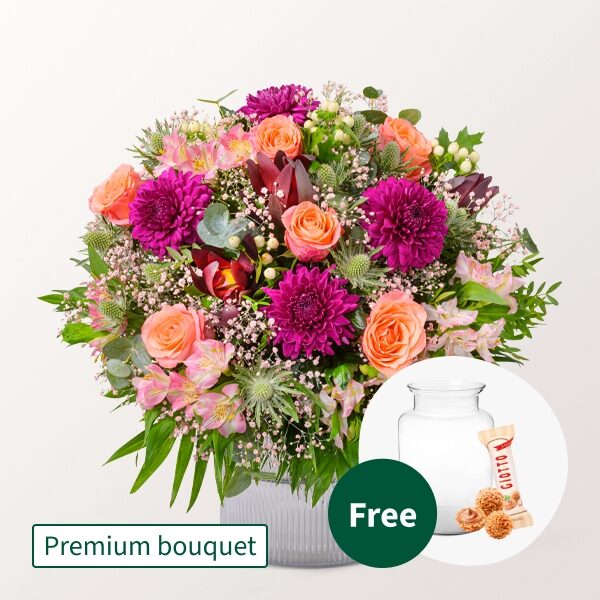 Premium Blumenstrauß Blumenfreude mit Premium Vase &amp; 3 Ferrero Giotto